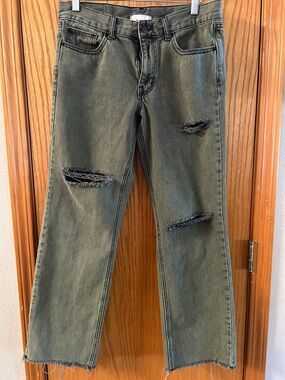 Women's BDG Cowgirl Olive Green Distressed Boot Leg Jeans Sz 28